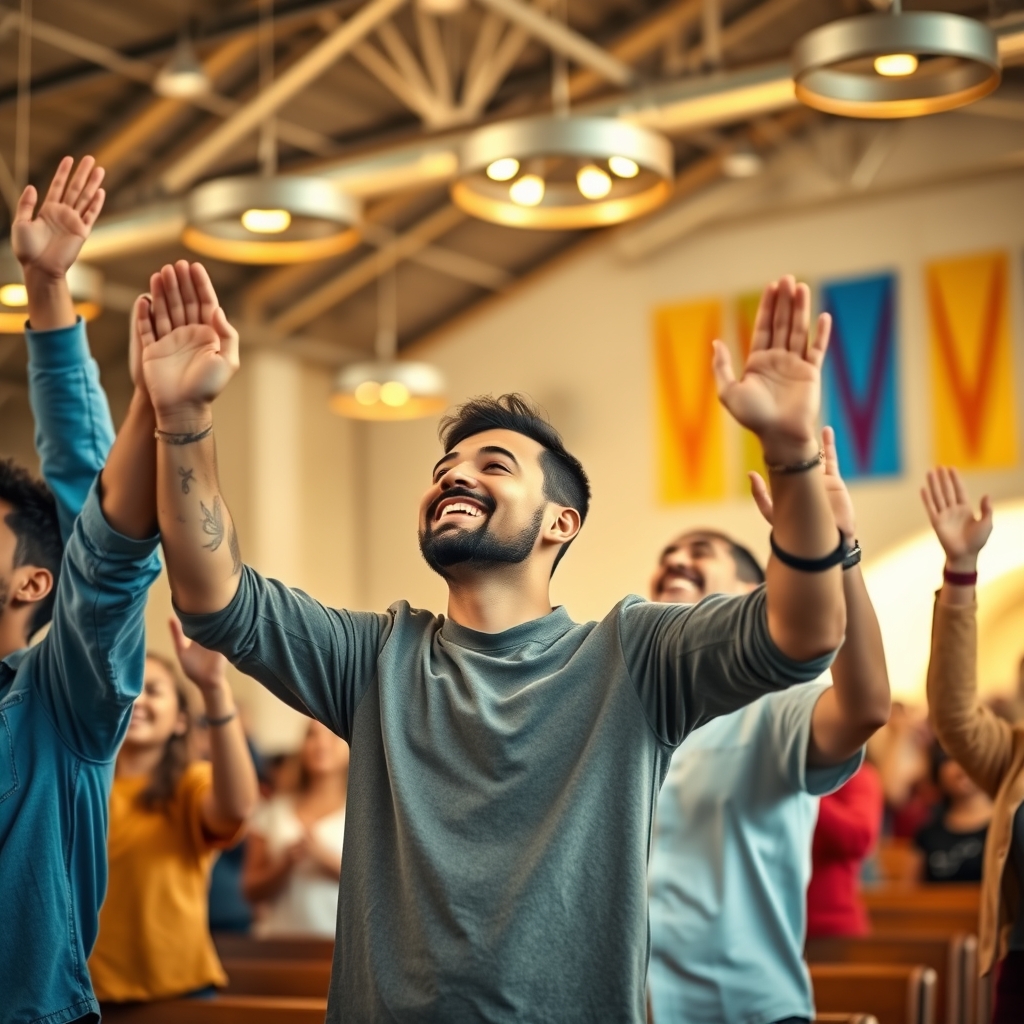 A diverse group of Christian worshippers raising their hands joyfully together in a bright church sanctuary.