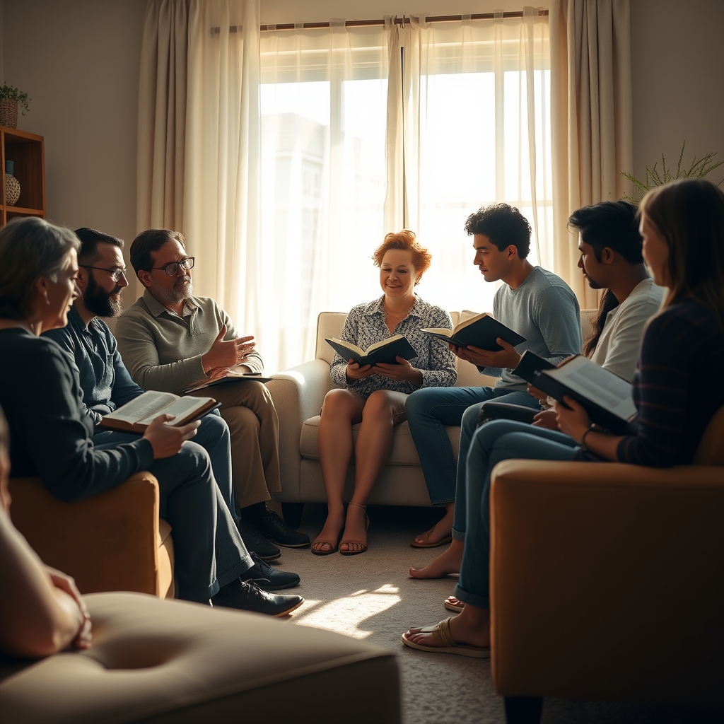 A diverse group of Christians gathered in a well-lit living room holding Bibles together in fellowship.