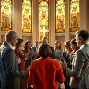 A diverse group of Christians gathered in prayer in a warmly lit church interior with stained glass windows, hands joined in worship, conveying reverence and compassion.