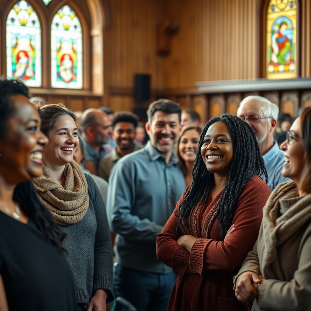 A diverse group of Christians gathered in warm fellowship in a church with stained glass lighting
