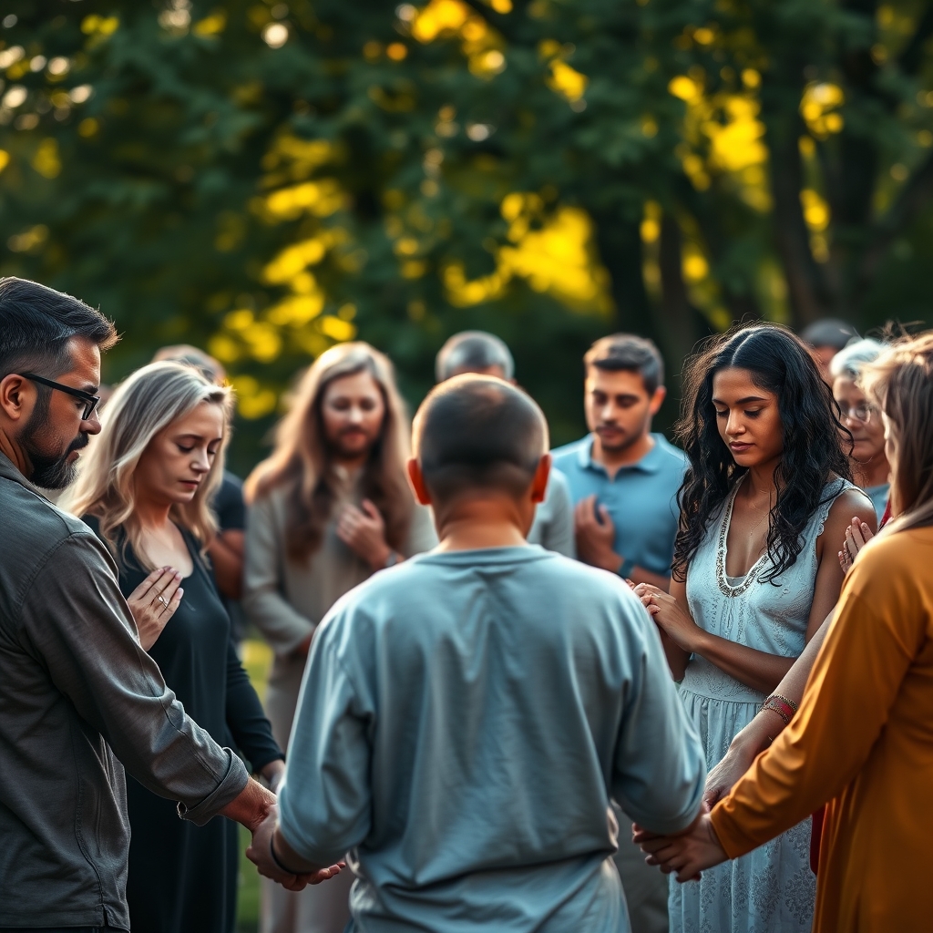 A diverse group of Christians holding hands in prayer in a peaceful garden, bathed in soft morning light, expressing calm and faith.