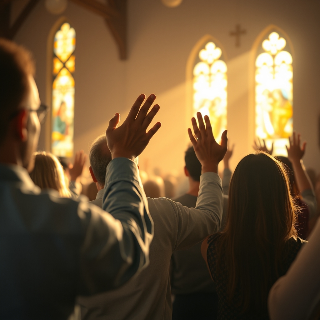 A diverse group of Christians in a modern worship service, hands raised in worship, warm golden light streaming through stained glass windows.