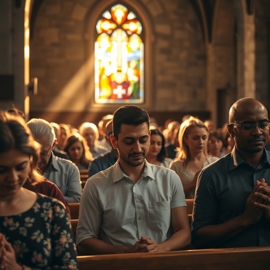 A diverse group of Christians praying reverently in a warmly lit stone church with stained-glass windows, bathed in golden sunlight.
