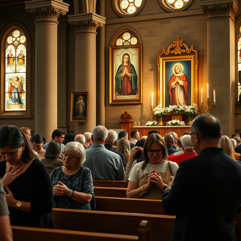 A diverse group of Christians praying reverently in a historic church with stained glass windows and an icon of Our Mother of Perpetual Help surrounded by candles and flowers.