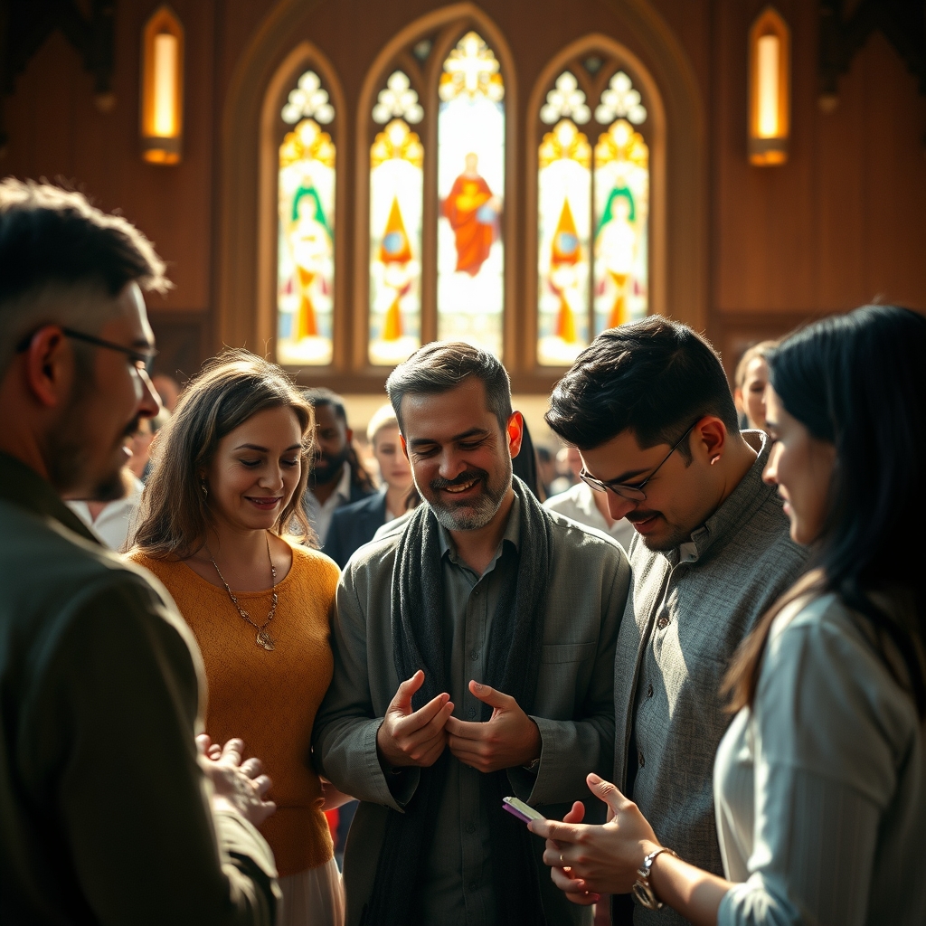 A diverse group of Christians praying together in a sunlit church sanctuary, embodying the deep friendship found in faith.