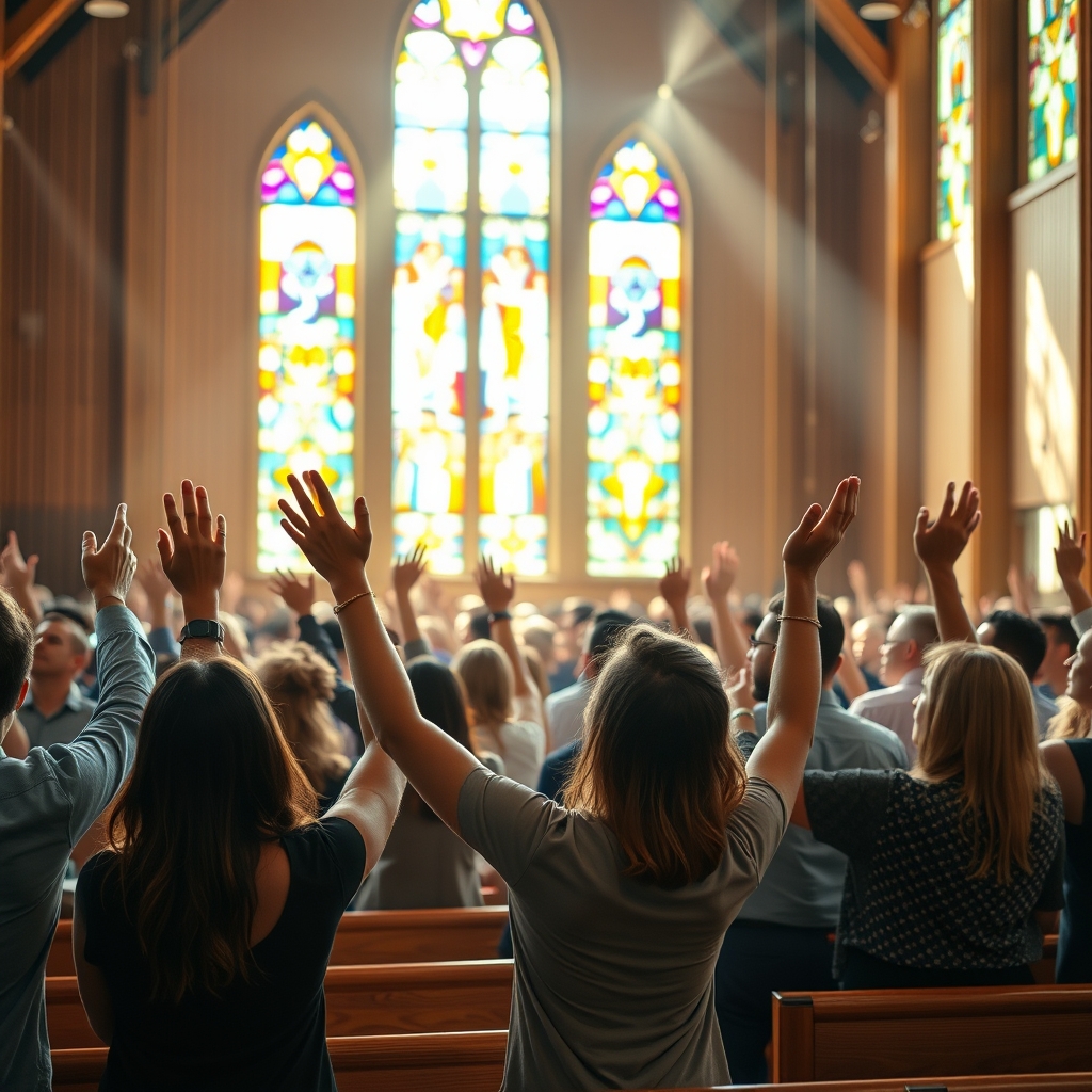 A diverse group of Christians standing together in a sunlit church with expressions of reverence and worship.