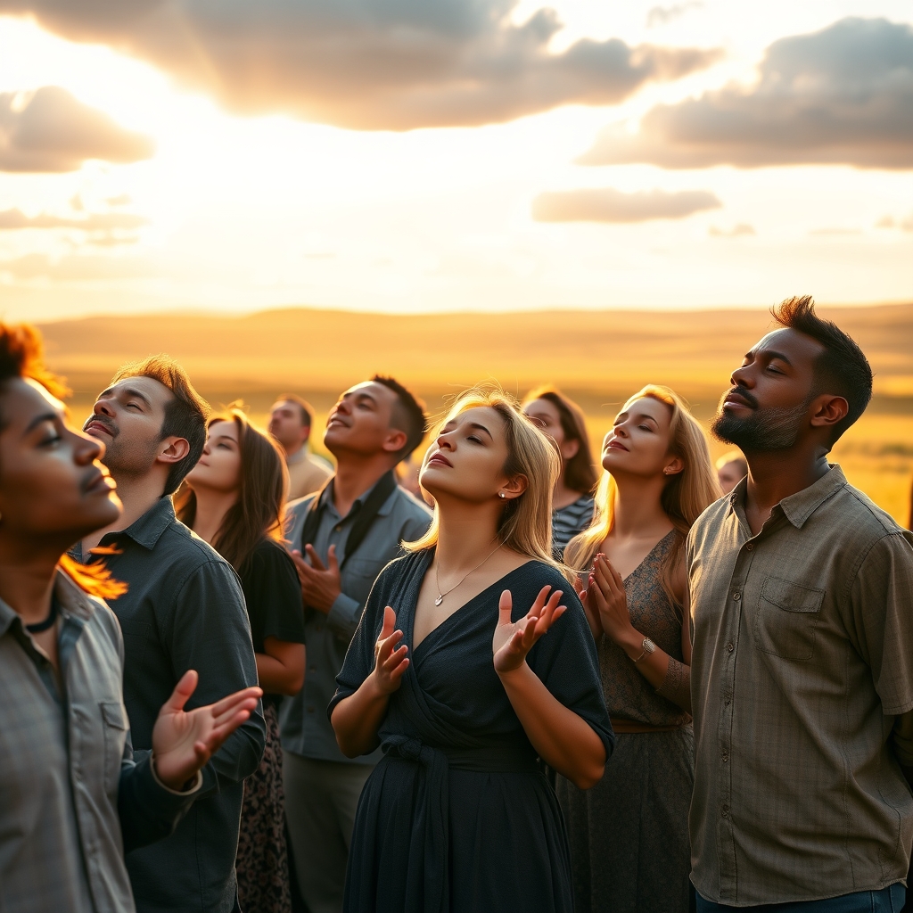 A diverse group of Christians standing together in a golden-hour landscape, lifting their hands in worship as warm sunlight streams through the clouds, symbolizing the unshakable truth that Lord Jesus Christ is with us.