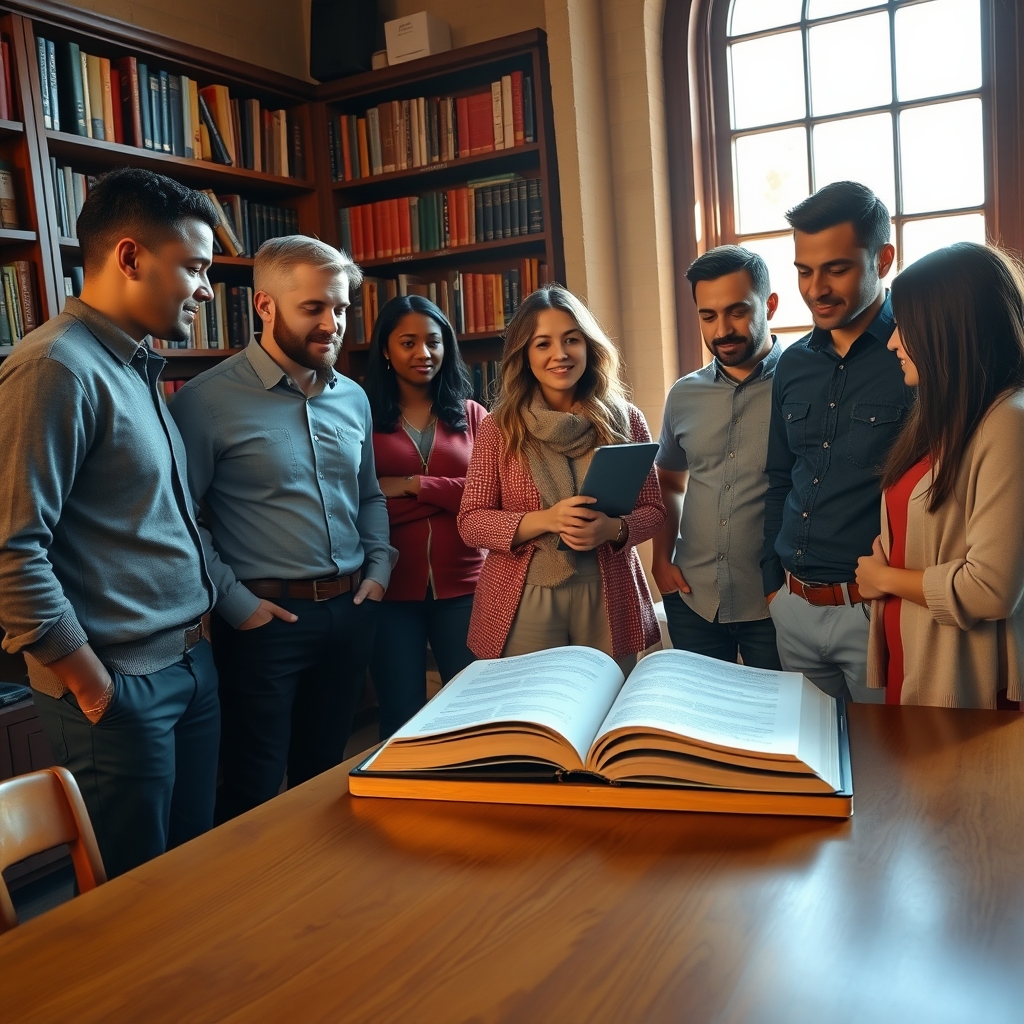A diverse group of Christians studying the Bible together in a warmly lit library.