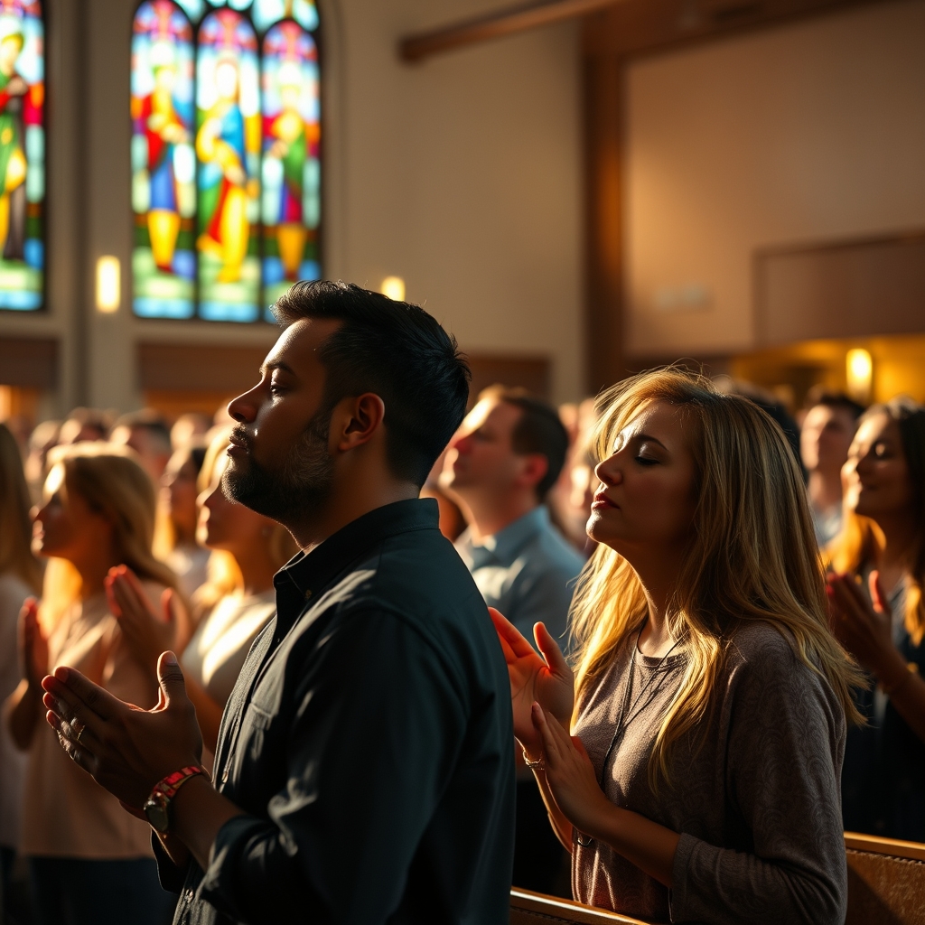 A diverse group of Christians worshiping together in a modern church sanctuary with hands raised in prayer, warm light streaming through stained glass windows.