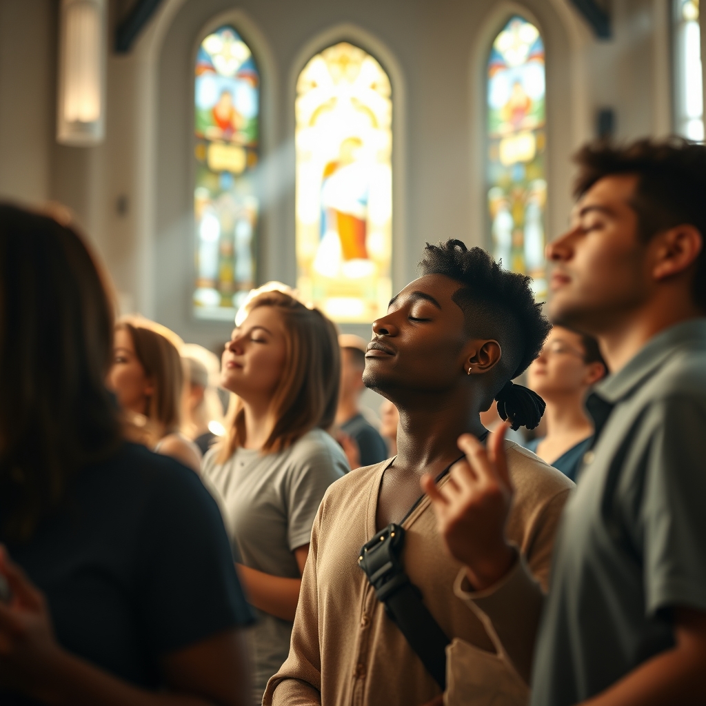 A diverse group of Christians worshipping in a modern church with stained glass windows.