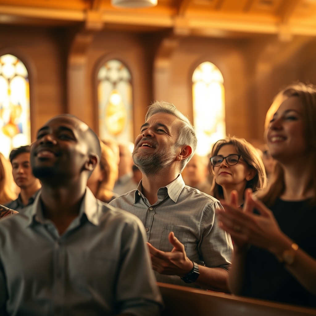 A diverse group of Christians worshipping together in a peaceful church setting, with hands raised and eyes closed, bathed in warm golden light, conveying deep spiritual peace and reverence.