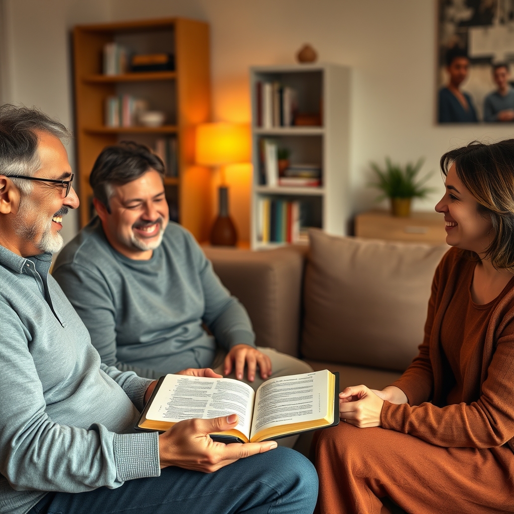 A diverse group of four adults engaged in warm conversation in a cozy living room, with one person holding an open Bible, conveying community and encouragement.