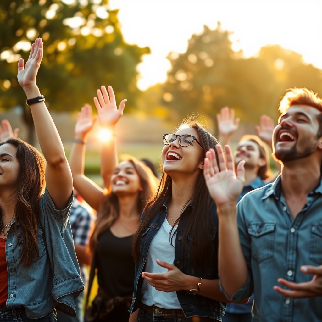 A diverse group of joyful young adults worshipping together outdoors in warm golden sunlight, hands raised in faith, with soft nature in the background.