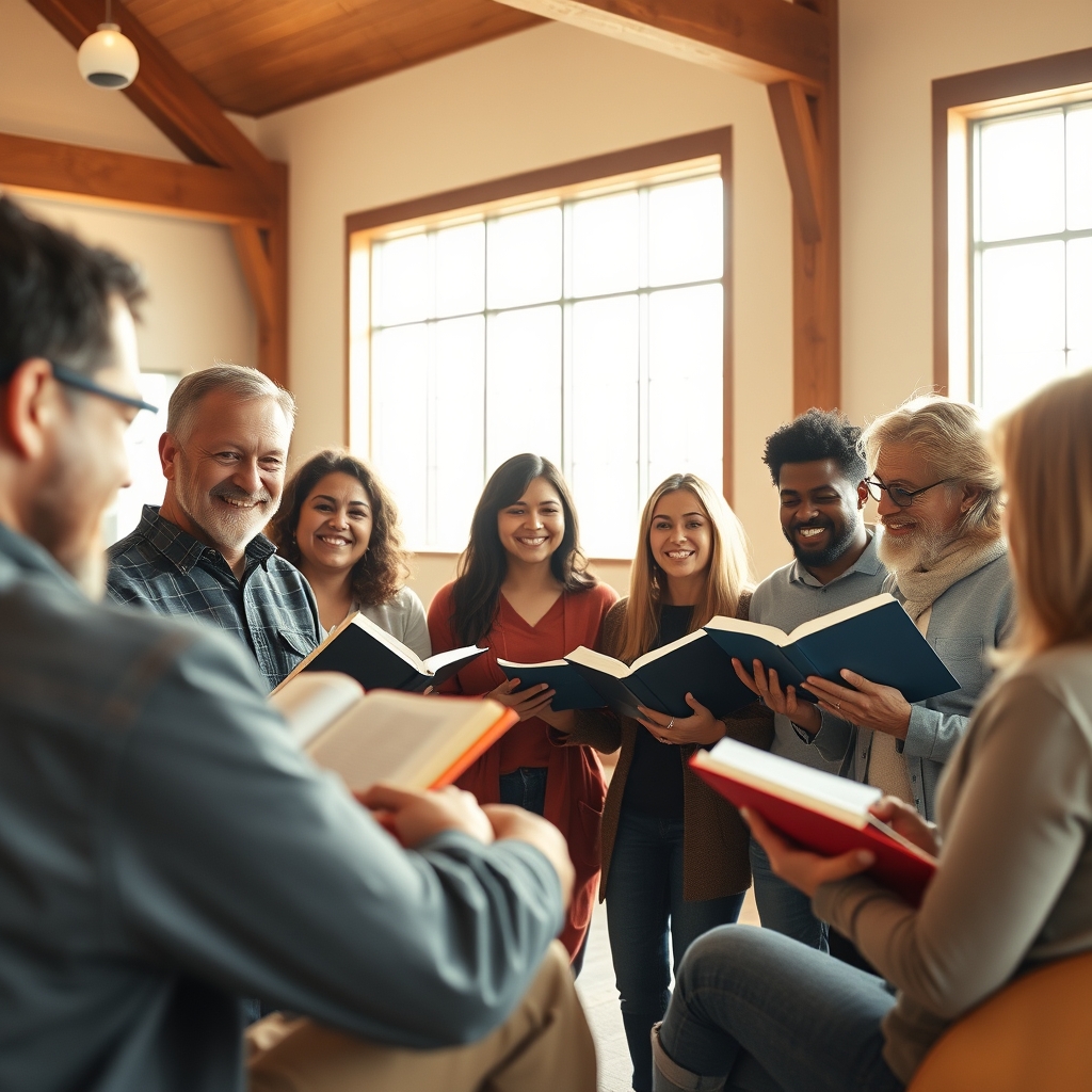 A diverse group of modern Christians gathered in a warmly lit church fellowship hall, holding open Bibles and engaged in earnest, compassionate conversation.