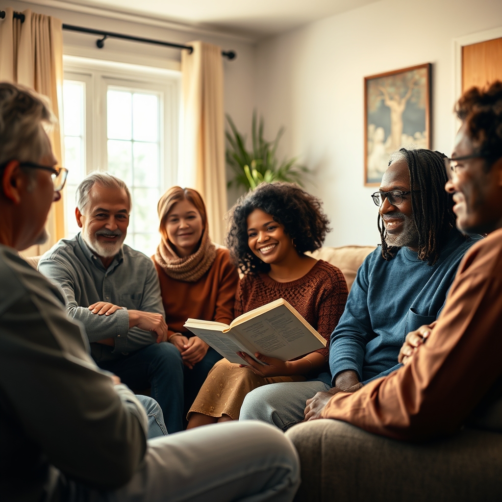 A diverse group of modern Christians gathered in a warm living room, engaged in an intimate Bible study with expressions of peace and encouragement.