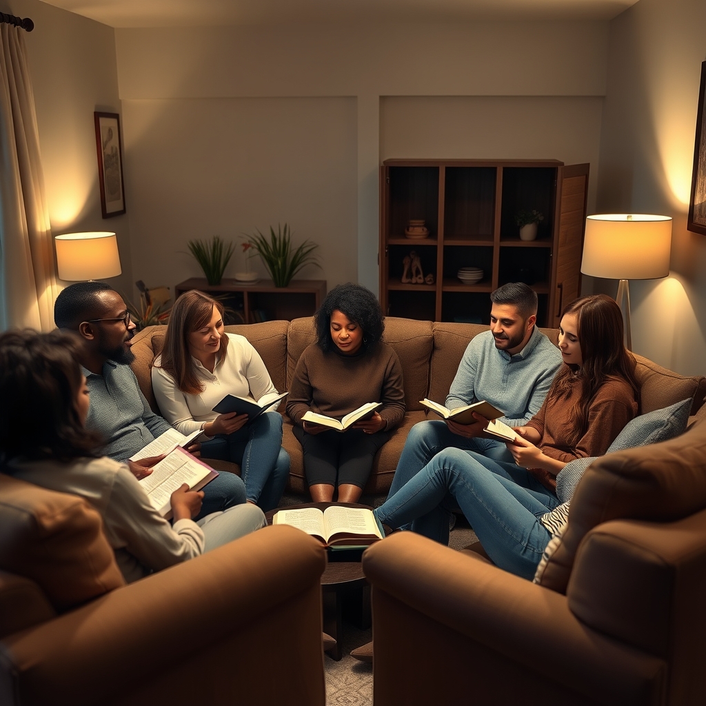 A diverse group of modern Christians gathered together in quiet discussion and prayer in a warm living room.