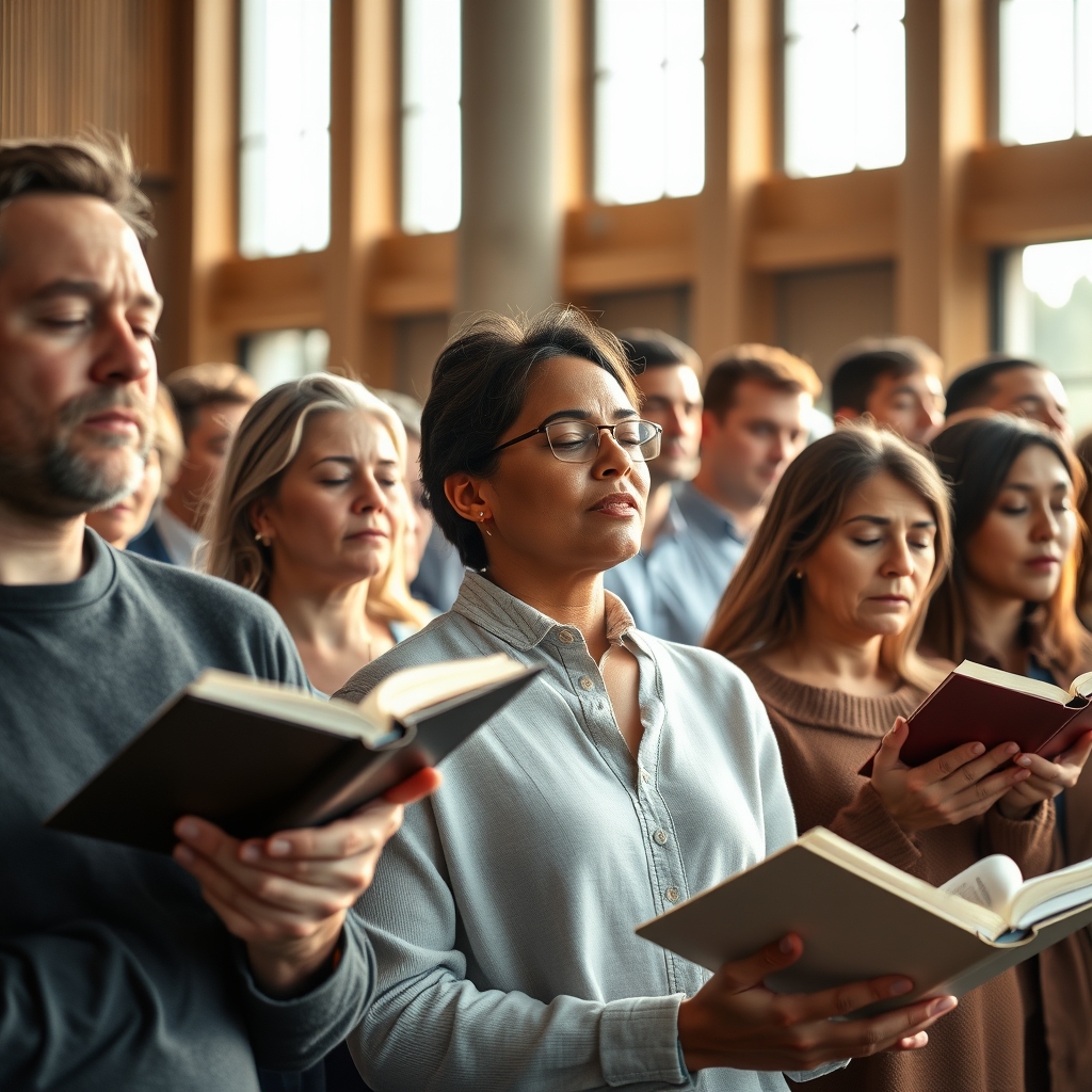 A diverse group of modern Christians praying together in a warmly lit contemporary church, conveying faith and devotion.