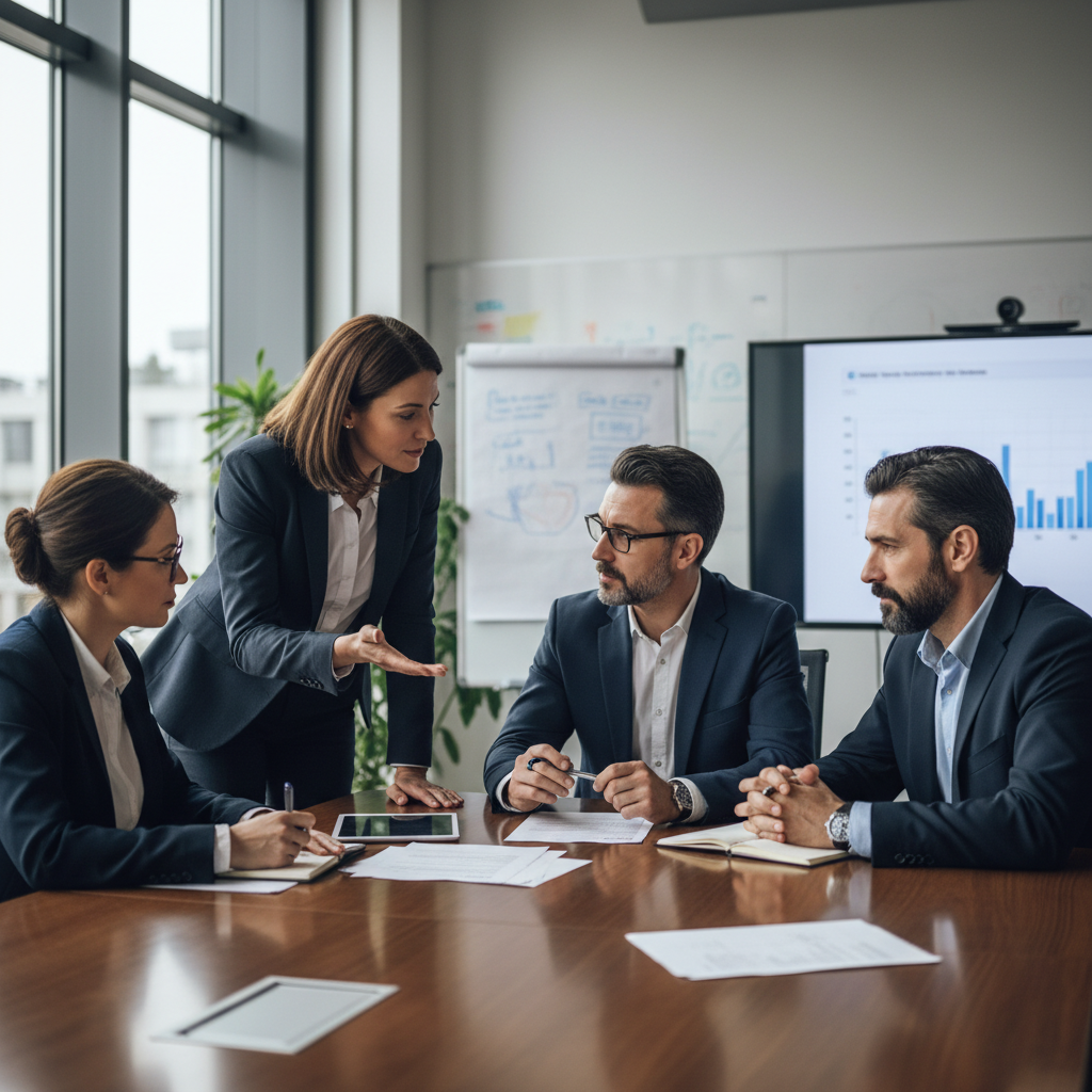 A diverse group of people engaged in a focused discussion around a table.