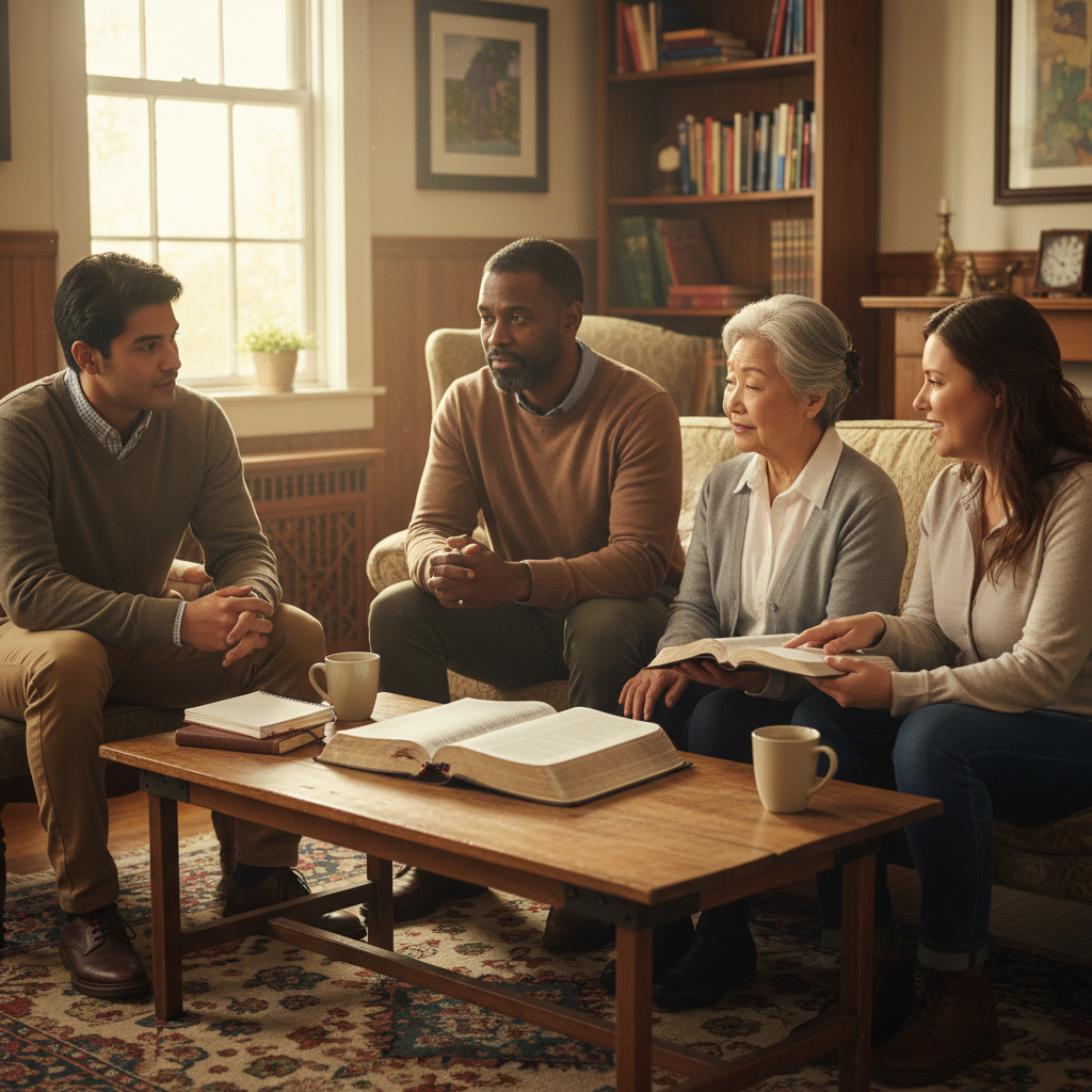 A diverse group of people engaged in thoughtful discussion around an open Bible, representing shared inquiry and learning.