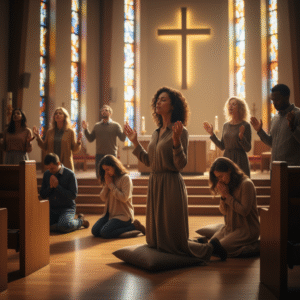 A diverse group of people in a modern church during a worship service, bathed in warm golden light, expressing reverence and deep faith.