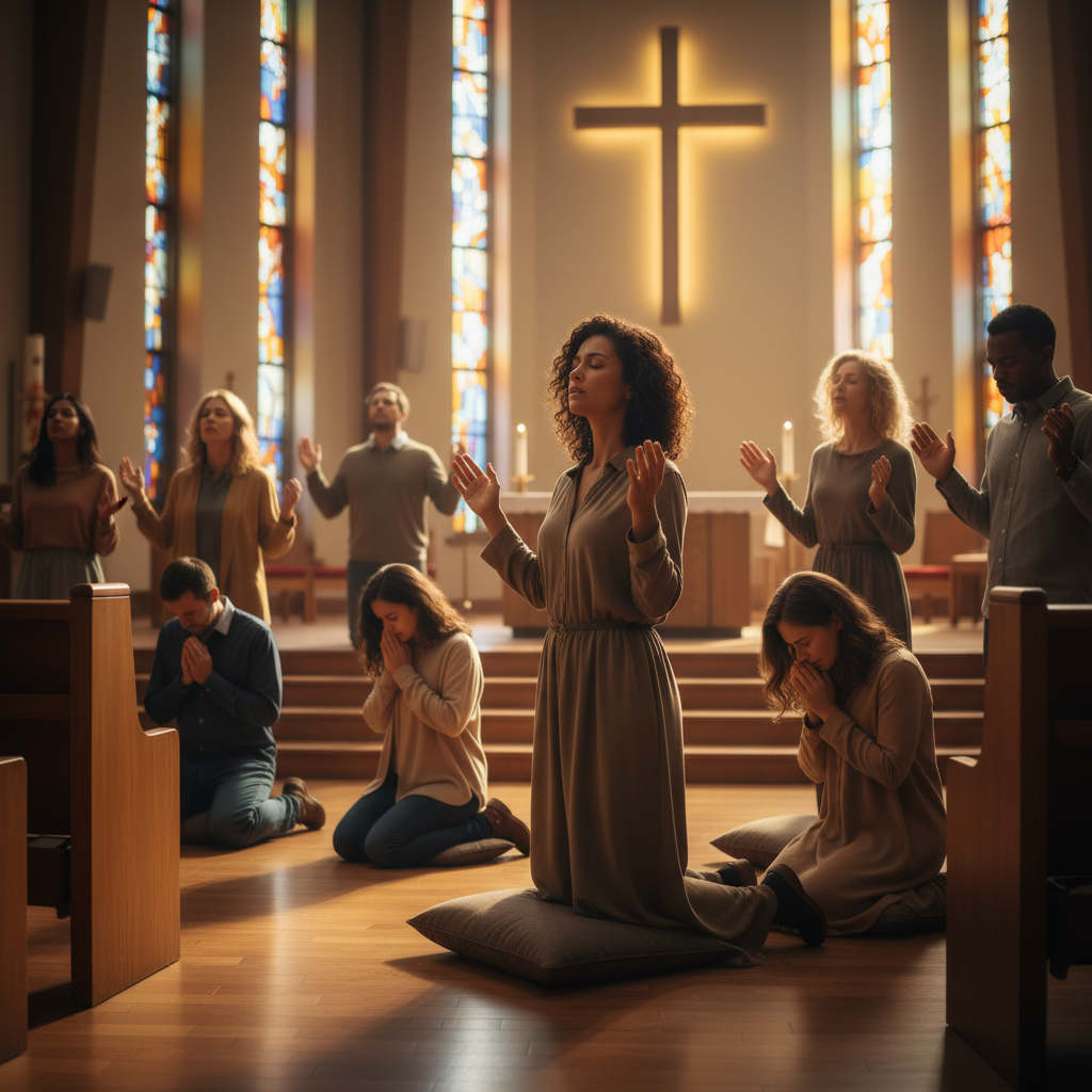 A diverse group of people in a modern church during a worship service, bathed in warm golden light, expressing reverence and deep faith.