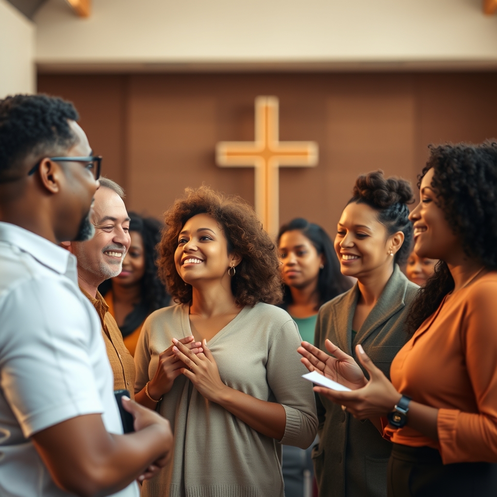 A diverse group of people in a modern church setting, conveying a message of faith and community.