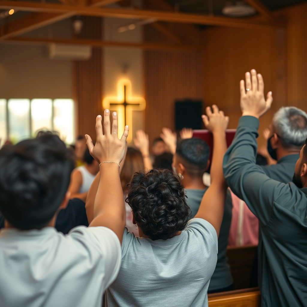 A diverse group of people in a modern church setting, hands raised in worship, with soft, warm lighting and a cross in the background, evoking unity and faith.