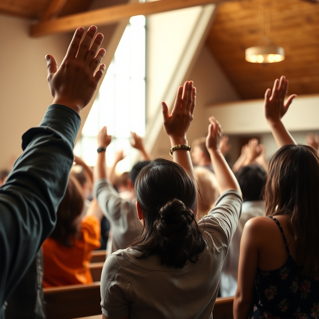 A diverse group of people in a modern church setting, hands raised in worship, captured in a moment of genuine faith and devotion.