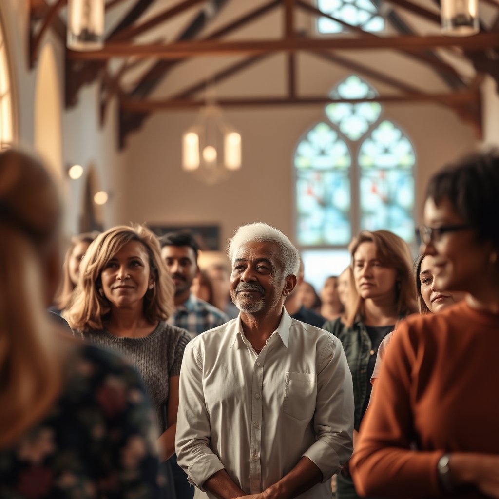 A diverse group of people in a warm, inviting church setting, with soft, natural light and a sense of community.