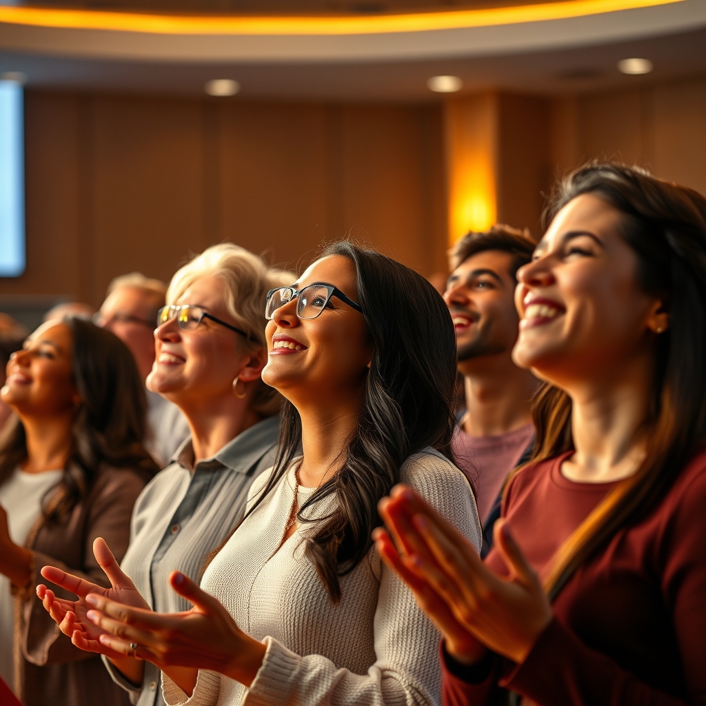 A diverse group of people joyfully worshipping together in a modern church with hands raised and warm lighting.