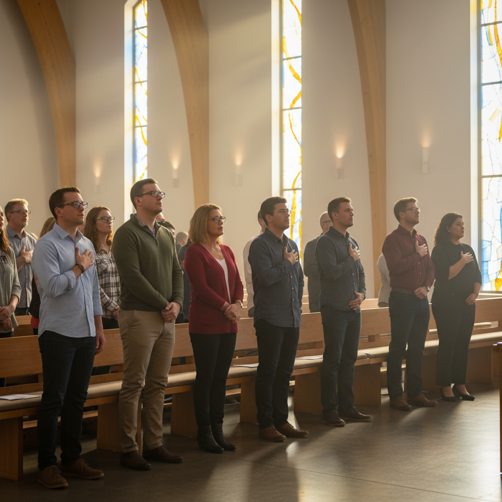 A diverse group of people praying and reflecting in a sunlit church sanctuary, symbolizing hope and the spiritual meaning of Easter.