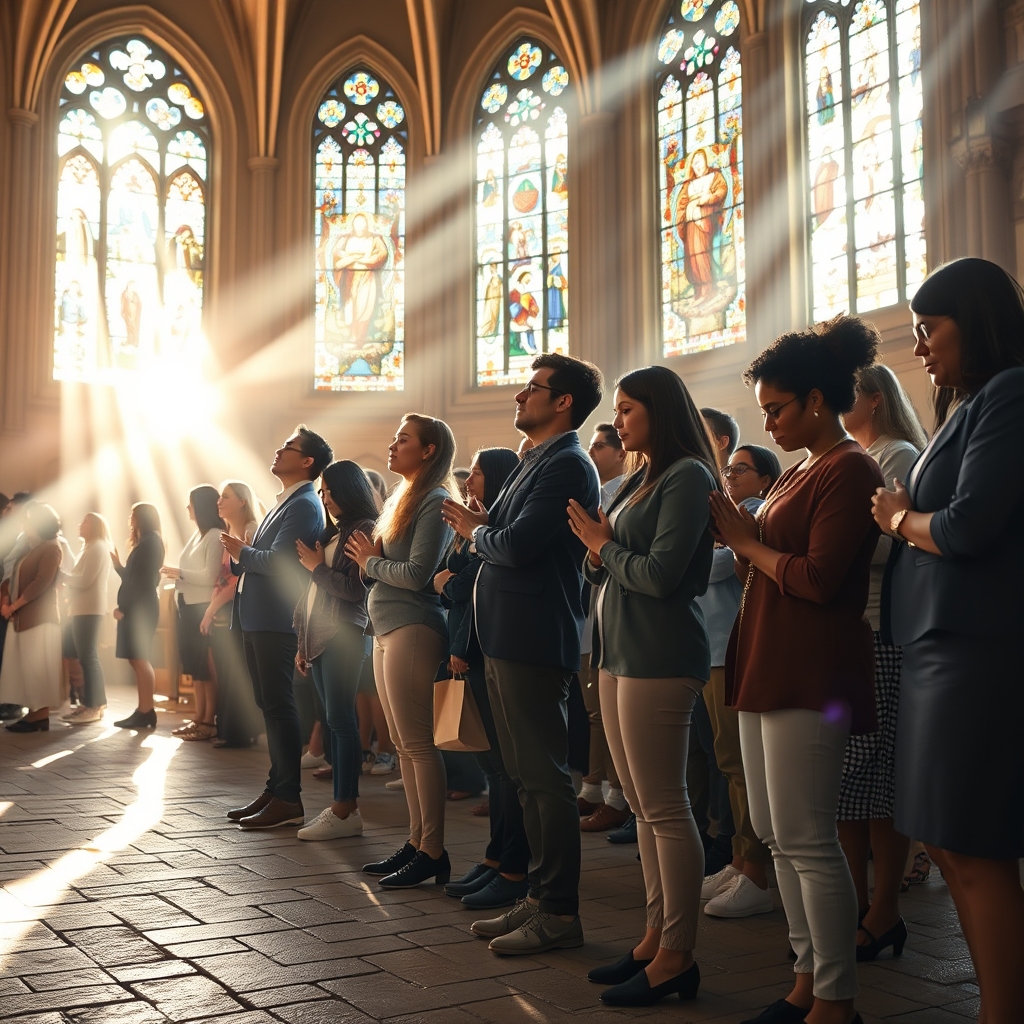 A diverse group of people praying or reflecting inside a sunlit cathedral with colorful light streaming through stained glass windows.