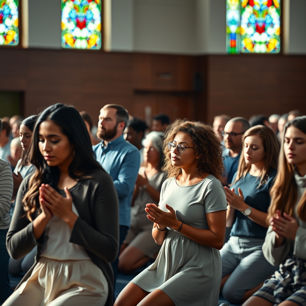 A diverse group of people praying quietly in a church with stained glass light filtering through