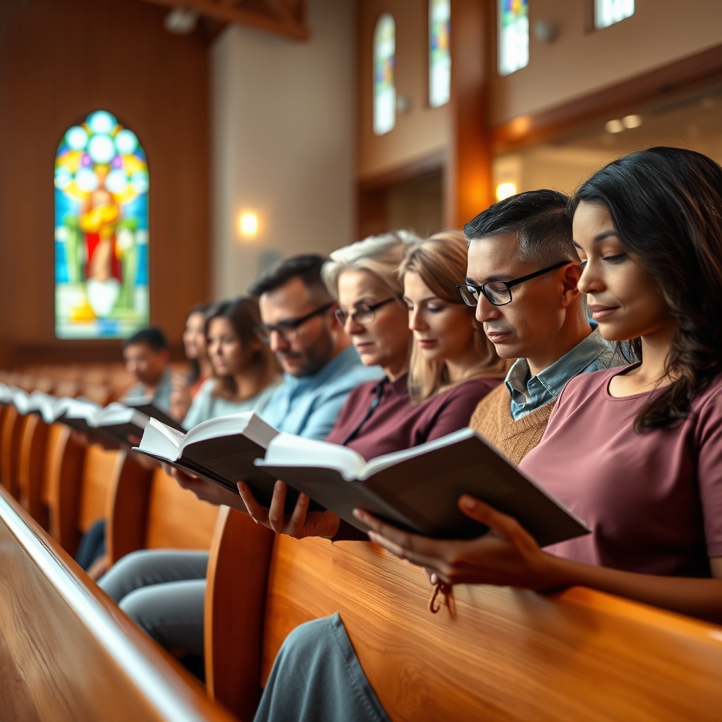 A diverse group of people reading Bibles together in a warmly lit church sanctuary with stained glass light.