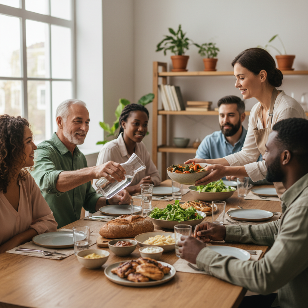 A diverse group of people sharing a meal, reflecting true hospitality and selfless generosity in a warm, welcoming setting.