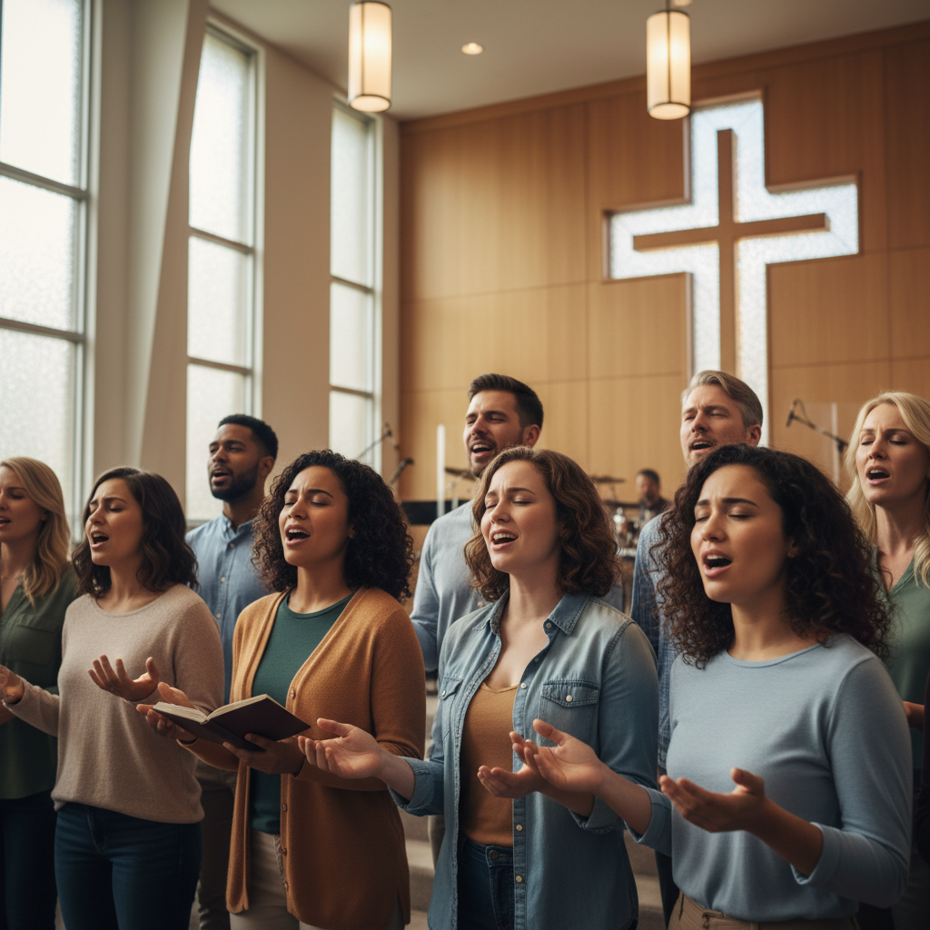 A diverse group of people singing and worshipping with uplifted hands in a modern church.