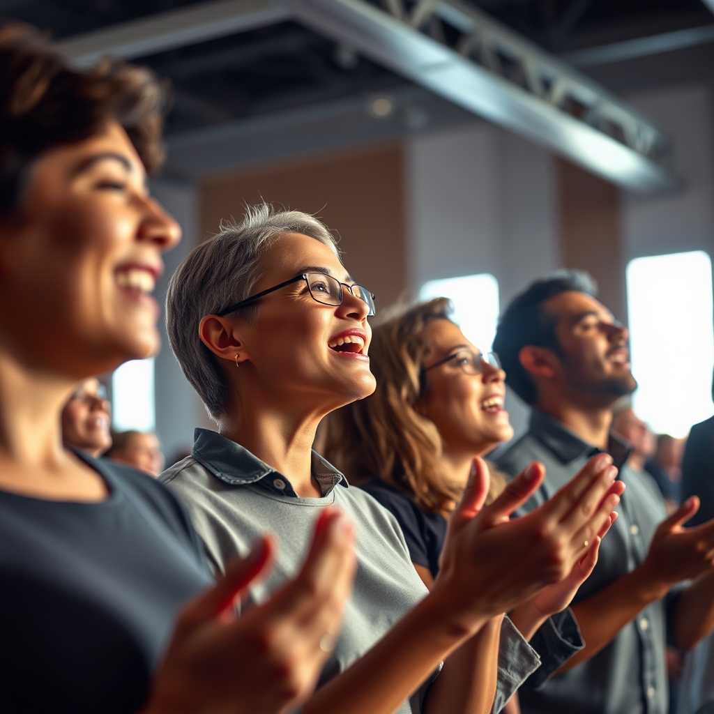 A diverse group of people singing together in a bright, modern church worship space, hands raised in genuine expressions of joy and reverence, natural lighting with warm spotlights