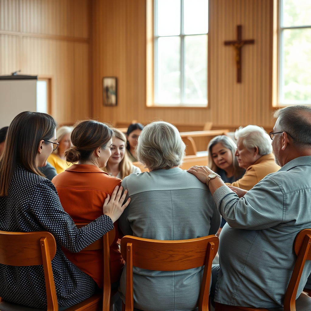 A diverse group of people sitting in a circle in a warmly lit church fellowship hall, sharing prayer and fellowship, with one person comforting another.