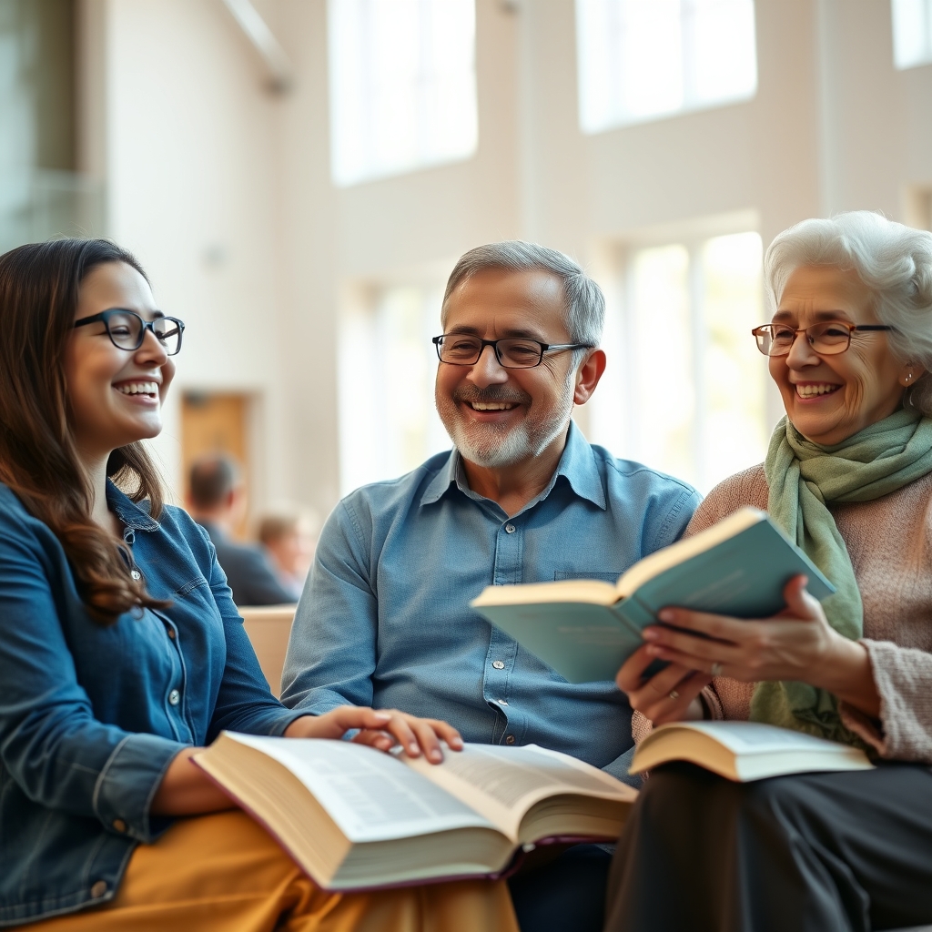 A diverse group of people sitting together in a bright church fellowship hall, smiling and holding open Bibles.