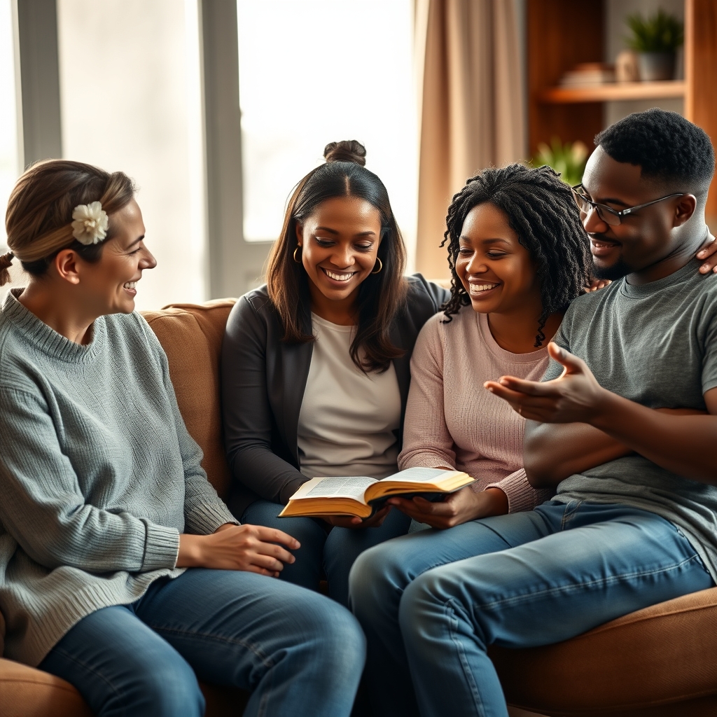 A diverse group of people sitting together in a warm living room, holding a Bible and sharing an encouraging conversation.