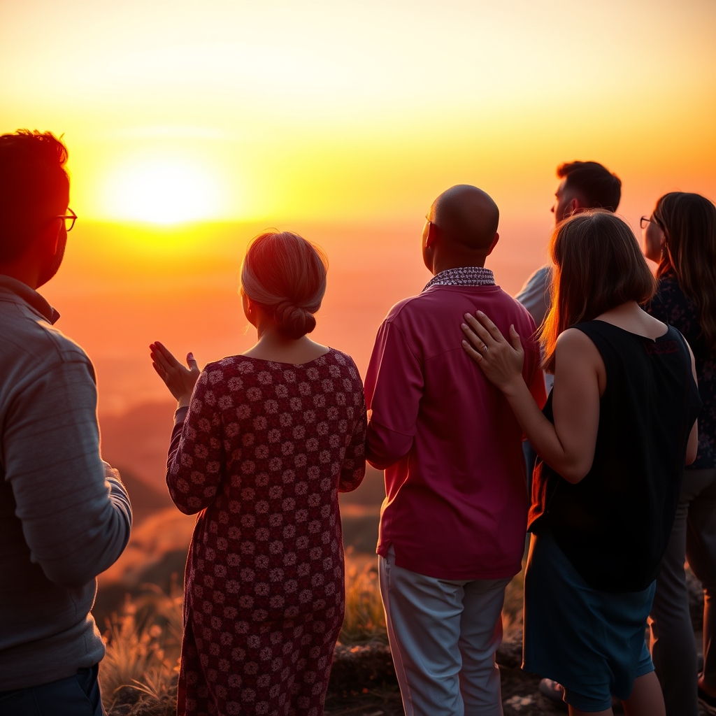 A diverse group of people standing together at sunset, embodying unity and hope.
