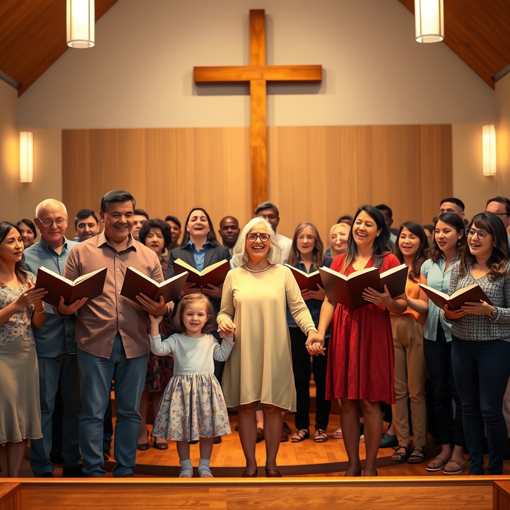 A diverse group of people standing together in a church, holding hands and singing hymns, with a large wooden cross in the background, conveying unity and faith.