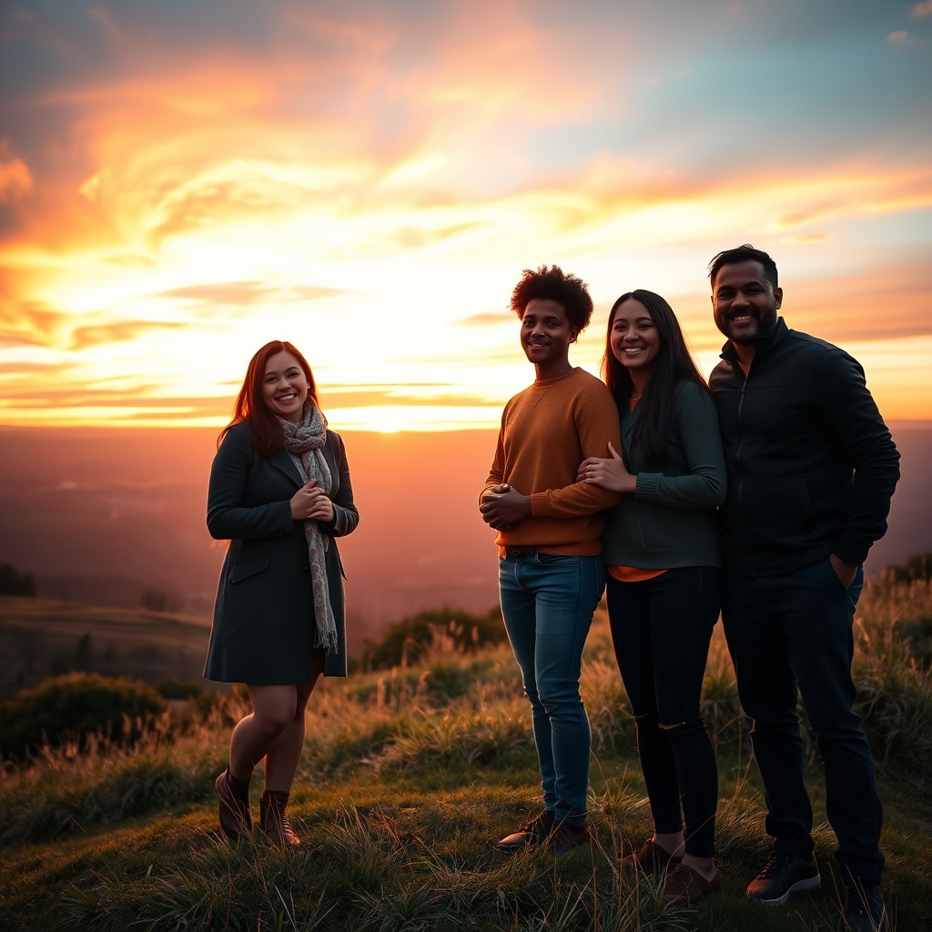 A diverse group of people standing together on a grassy hillside at golden hour, facing a colorful sunset sky, conveying unity, hope, and shared faith.