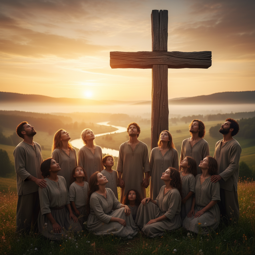 A diverse group of people standing together on a hillside at sunrise, looking toward a large wooden cross.