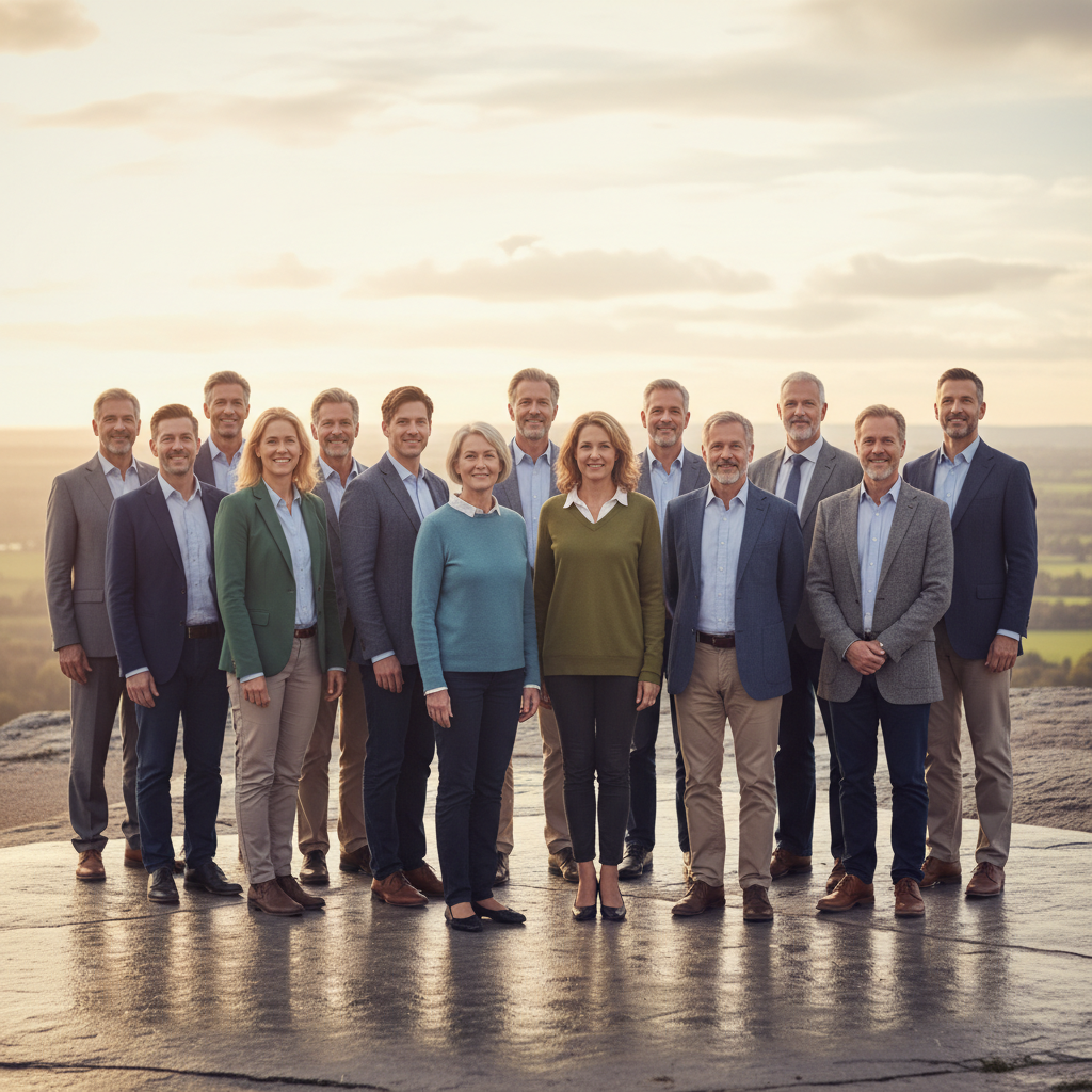 A diverse group of people standing united and confidently on a solid stone foundation, looking towards a hopeful future.