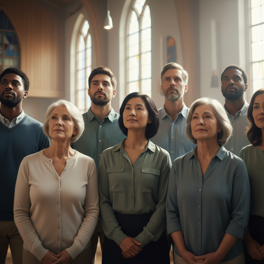 A diverse group of people with peaceful expressions, looking heavenward, symbolizing faith and hope.