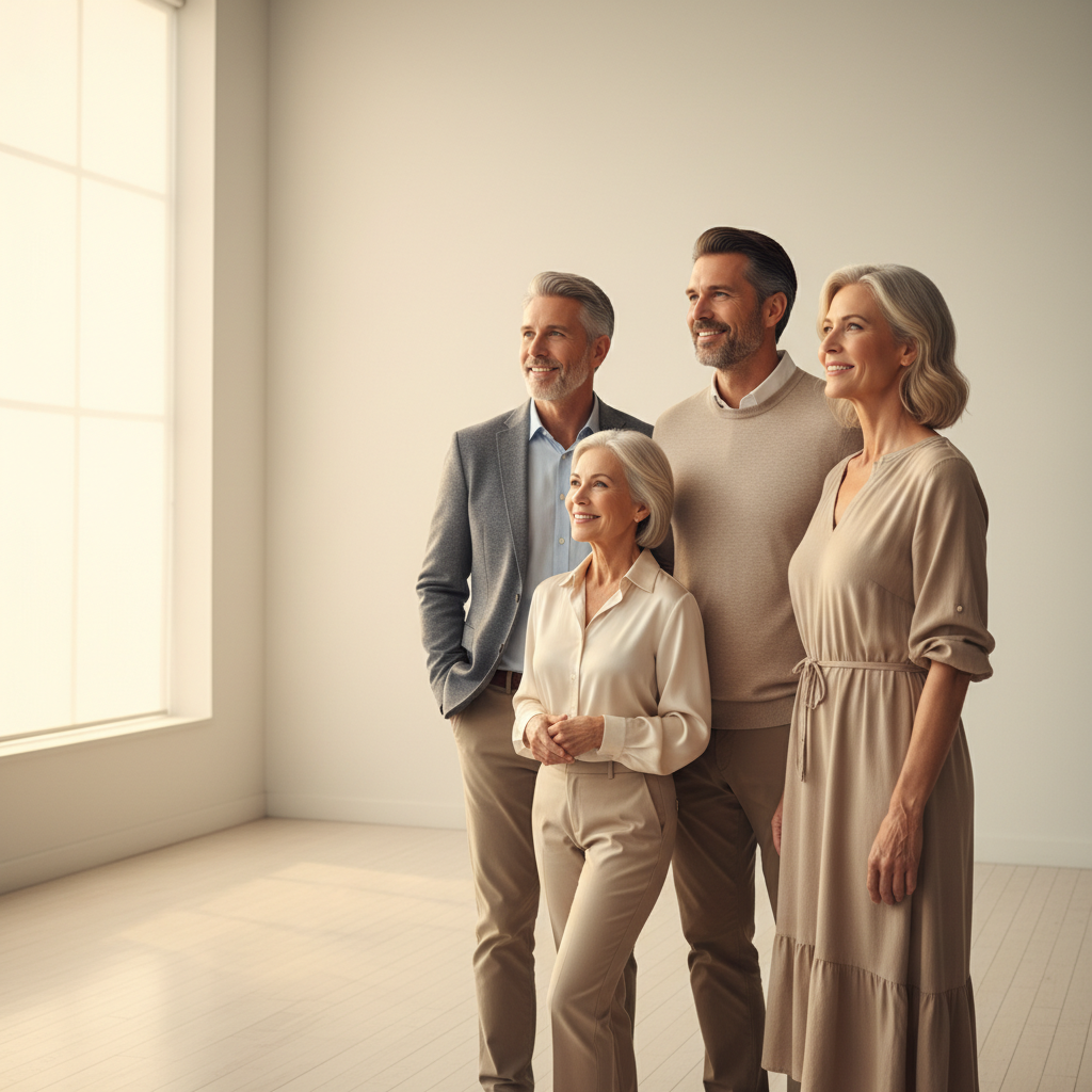 A diverse group of people with serene expressions, illuminated by a warm, soft light, conveying peace and hope.