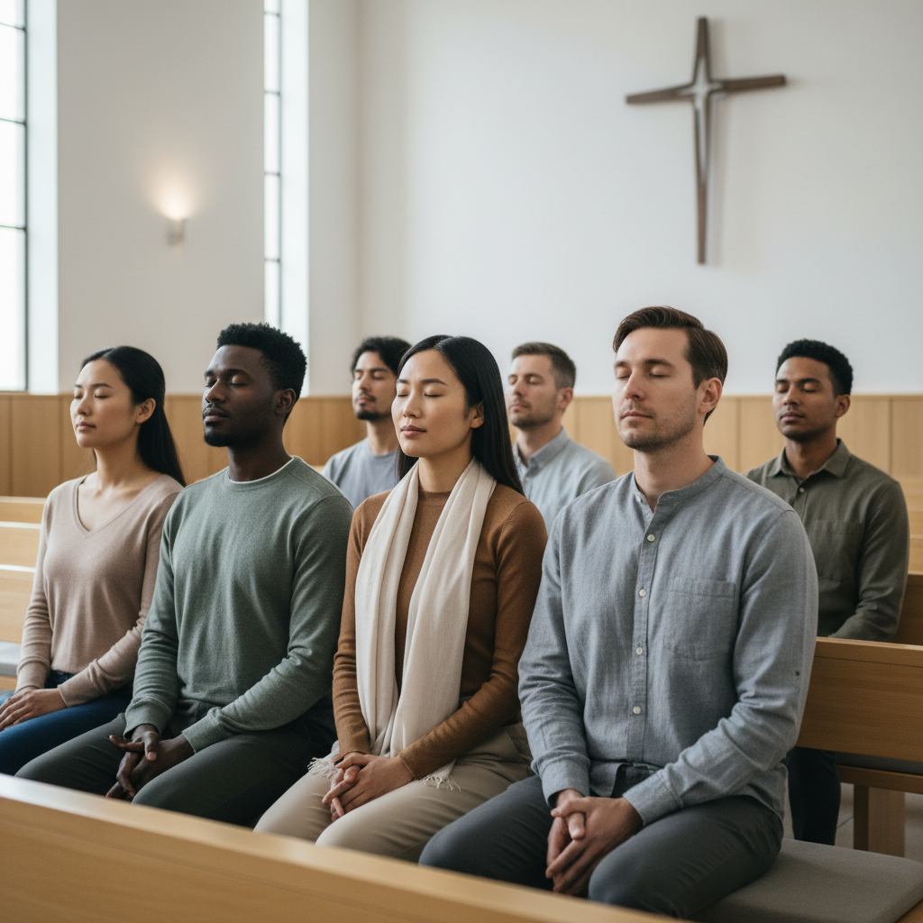 A diverse group of people with serene expressions, meditating or praying, conveying inner peace.