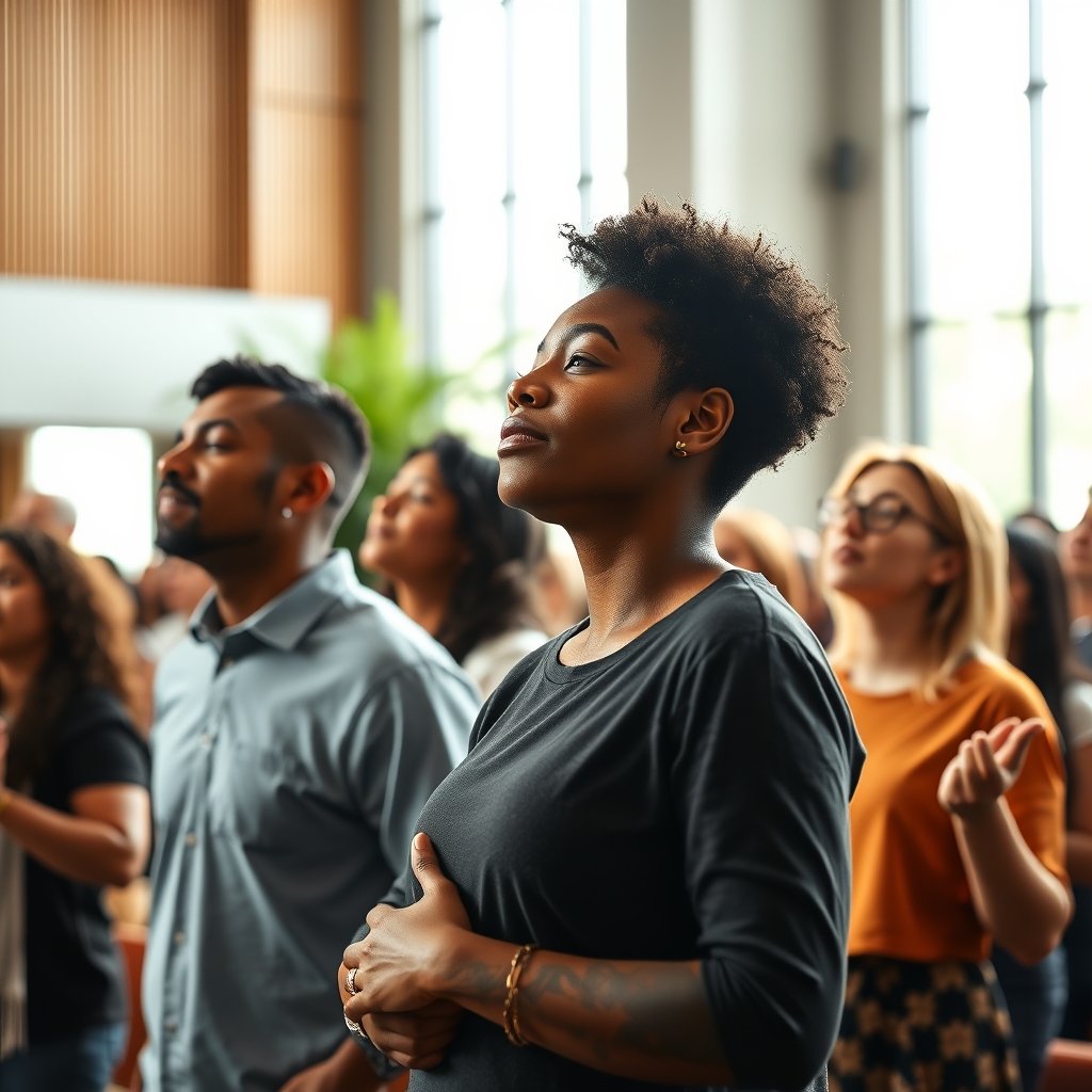 A diverse group of people worshiping in a modern church setting, hands raised in reverence, with warm natural light and a peaceful atmosphere.