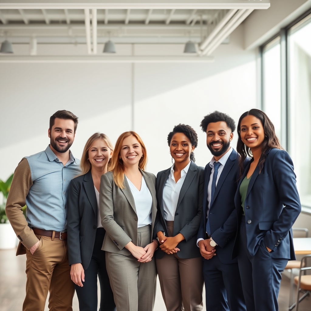 A diverse group of professionals smiling together in an office, representing transformation through faith.